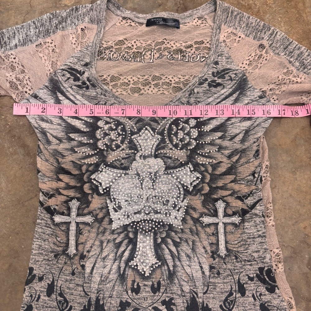 Angels & Diamonds Y2K Winged Cross Rhinestone Top Lace Sleeve Burnout Womens Med - Picture 5 of 9